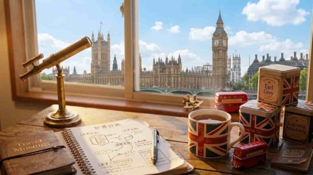 家計簿とノートを開き、20年ぶりのイギリス旅行計画を立てる様子